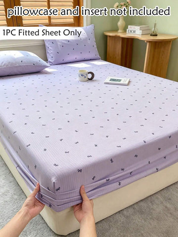 1pc Purple Bowknot Print Single Fitted Sheet, Cute Minimalist Double Layer Gauze Polyester Fitted Sheet Suitable For All Seasons, Soft And Breathable, Machine Washable, Deep Pocket